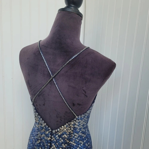 Cache Womens Sequin Blue Silver Maxi Formal Dress Prom Queen Slit Open Back Sz 4 - Picture 3 of 16